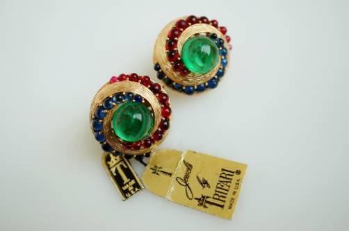 Trifari Jewels of India earrings, faux cabochon emerald earrings, with original maker`s tags, 1950`s ca American